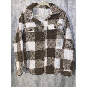 Brown & White Plaid Sherpa Jacket With Button Closure
